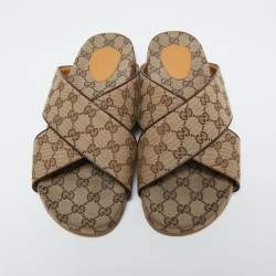 Pre Owned Gucci Beige/Brown GG Canvas And Leather Criss Cross Flat Slides Size 45