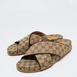Pre Owned Gucci Beige/Brown GG Canvas And Leather Criss Cross Flat Slides Size 45