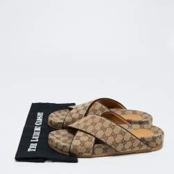 Pre Owned Gucci Beige/Brown GG Canvas And Leather Criss Cross Flat Slides Size 45