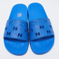 Pre Owned Gucci Blue GG Rubber Slide Flat Sandals Size 44