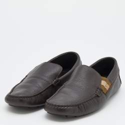 Gucci Dark Brown Leather Web Detail Slip On Loafers Size 40