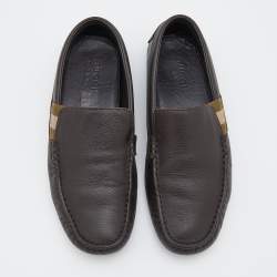 Gucci Dark Brown Leather Web Detail Slip On Loafers Size 40
