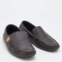 Gucci Dark Brown Leather Web Detail Slip On Loafers Size 40