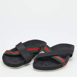Gucci Black Stretch Band And Web Tape Cross Strap Flat Slide Sandals Size 41