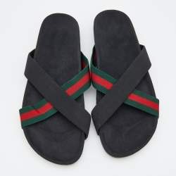 Gucci Black Stretch Band And Web Tape Cross Strap Flat Slide Sandals Size 41