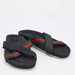 Gucci Black Stretch Band And Web Tape Cross Strap Flat Slide Sandals Size 41