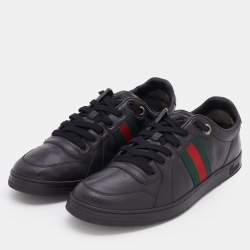 Gucci Black Leather Web Low Top  Sneakers Size 46