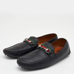 Gucci Black Leather Web Horsebit Slip On Loafers Size 43