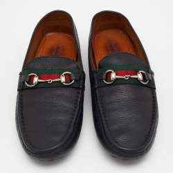 Gucci Black Leather Web Horsebit Slip On Loafers Size 43