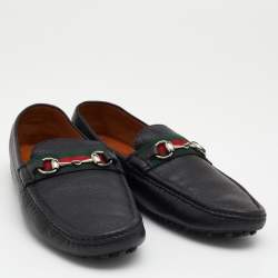 Gucci Black Leather Web Horsebit Slip On Loafers Size 43