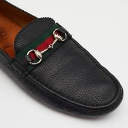 Gucci Black Leather Web Horsebit Slip On Loafers Size 43