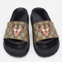 Gucci Beige/Brown GG Supreme Canvas Tiger Print Flat Slides Size 43