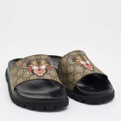 Gucci Beige/Brown GG Supreme Canvas Tiger Print Flat Slides Size 43