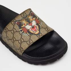 Gucci Beige/Brown GG Supreme Canvas Tiger Print Flat Slides Size 43