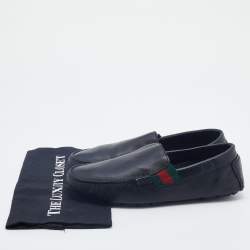 Gucci Dark Blue Leather Web Slip On Loafers Size 41.5