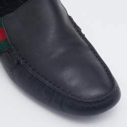Gucci Dark Blue Leather Web Slip On Loafers Size 41.5