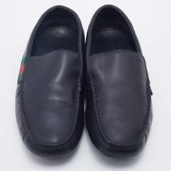 Gucci Dark Blue Leather Web Slip On Loafers Size 41.5