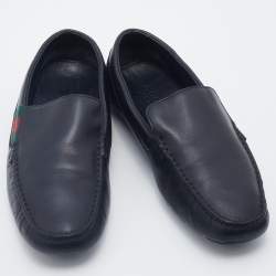 Gucci Dark Blue Leather Web Slip On Loafers Size 41.5