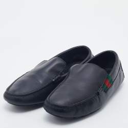 Gucci Dark Blue Leather Web Slip On Loafers Size 41.5