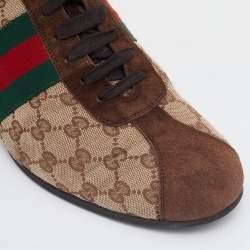 Gucci Beige/Brown Suede And GG Canvas Web Detail Low Top Sneakers Size 45