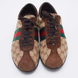 Gucci Beige/Brown Suede And GG Canvas Web Detail Low Top Sneakers Size 45