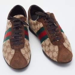 Gucci Beige/Brown Suede And GG Canvas Web Detail Low Top Sneakers Size 45