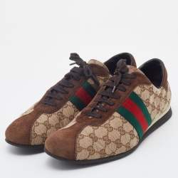 Gucci Beige/Brown Suede And GG Canvas Web Detail Low Top Sneakers Size 45