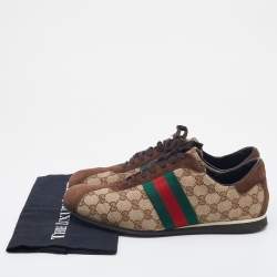 Gucci Beige/Brown Suede And GG Canvas Web Detail Low Top Sneakers Size 45