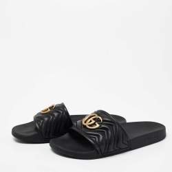 Pre Owned Gucci Black Leather GG Marmont Slide Sandals Size 43