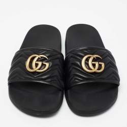 Pre Owned Gucci Black Leather GG Marmont Slide Sandals Size 43