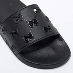 Gucci Black GG Laser Cut Rubber Slides Size 42