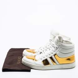 Pre Owned Gucci Gold/White Leather Ronnie High Top Sneakers Size 44