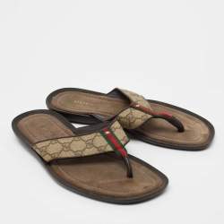 Gucci Beige/Brown GG Supreme Canvas Web Thong Flats Size 41