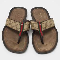 Gucci Beige/Brown GG Supreme Canvas Web Thong Flats Size 41
