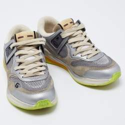 Pre Owned Gucci Silver/Grey Leather and Fabric Ultrapace Sneakers Size 39.5