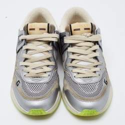Pre Owned Gucci Silver/Grey Leather and Fabric Ultrapace Sneakers Size 39.5