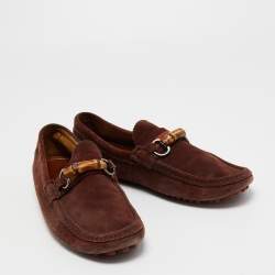 Gucci Burgundy Suede Bamboo Horsebit Slip On Loafers Size 44