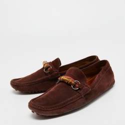 Gucci Burgundy Suede Bamboo Horsebit Slip On Loafers Size 44