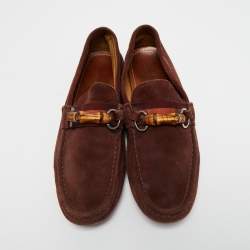 Gucci Burgundy Suede Bamboo Horsebit Slip On Loafers Size 44