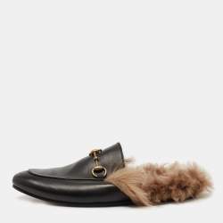 Gucci Black Leather and Fur Lined Princetown Flat Mules Size 44
