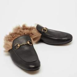 Gucci Black Leather and Fur Lined Princetown Flat Mules Size 44