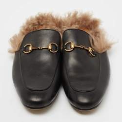 Gucci Black Leather and Fur Lined Princetown Flat Mules Size 44