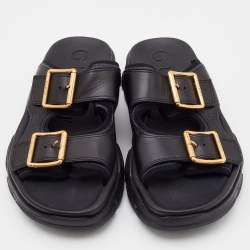 Gucci Black Leather Aguru Buckle Flat Slides Size 42.5