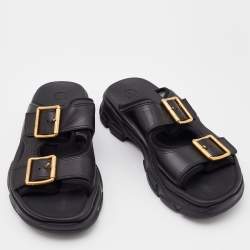 Gucci Black Leather Aguru Buckle Flat Slides Size 42.5