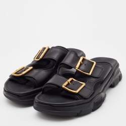 Gucci Black Leather Aguru Buckle Flat Slides Size 42.5