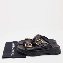 Gucci Black Leather Aguru Buckle Flat Slides Size 42.5