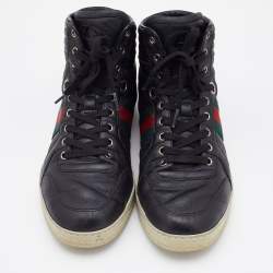 Gucci Black Guccissima Leather Web Detail High Top Sneakers Size 41.5