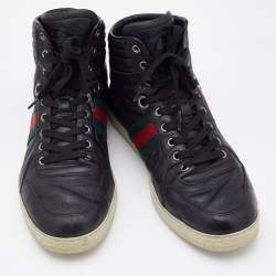 Gucci Black Guccissima Leather Web Detail High Top Sneakers Size 41.5