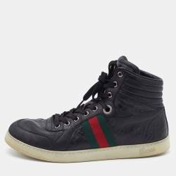 Gucci Black Guccissima Leather Web Detail High Top Sneakers Size 41.5