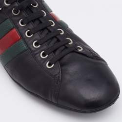 Gucci Black Leather Web Detail Low Top Sneakers Size 42.5